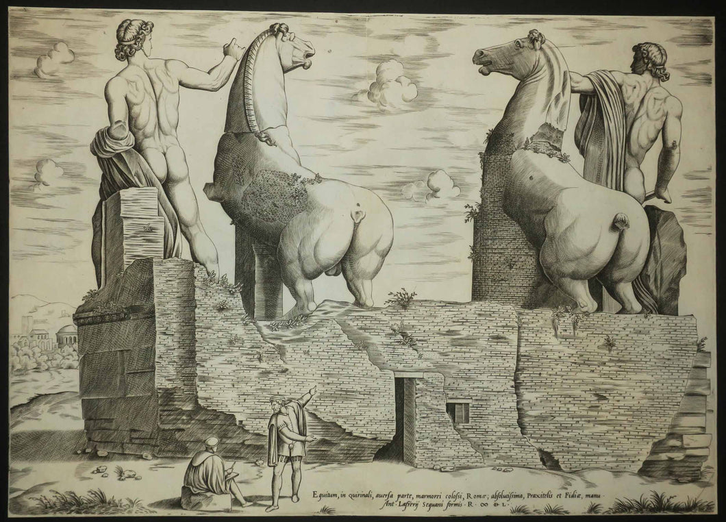 Les Dioscures du Quirinal à Rome, Vus de derrière. Equitum in Quirinali, aversa parte, marmorei colossi Romae; absolutissima Praxitelis et Fidiae manu.