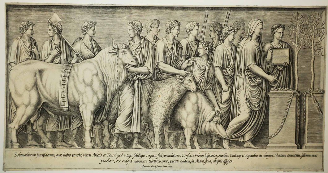 Ancien sacrifice rituel dépeignant un verrat, un taureau et un bélier emmenés vers l'autel. 