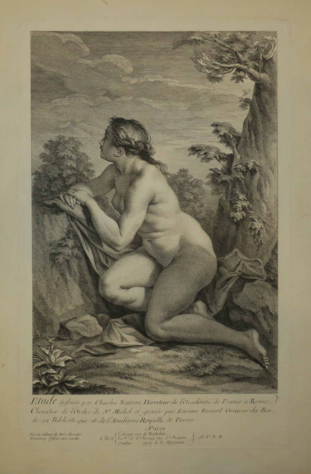 Femme nue, de profil à gauche, à demi agenouillée au pied d'un arbre. Étude dessinée par Charles Natoire directeur de l'Académie de France à Rome. 