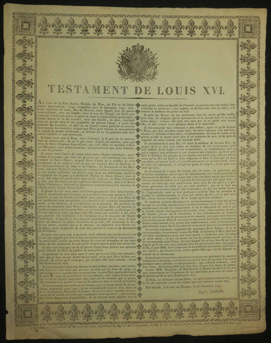 Testament de Louis XVI, fait à la Tour du Temple le 25 décembre 1792. 