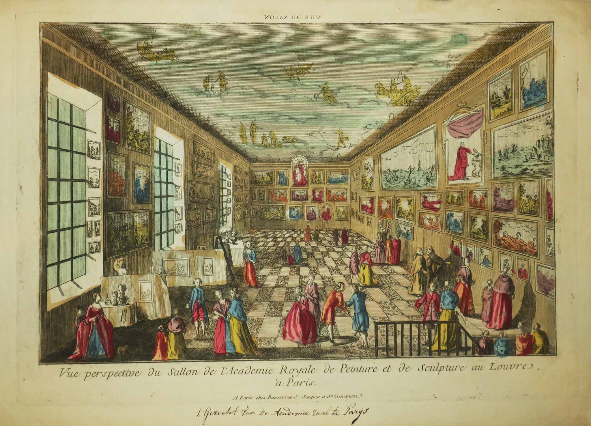 Vue perspective du Sallon de l'Académie Royale de Peinture et de Sculpture au Louvre, à Paris.