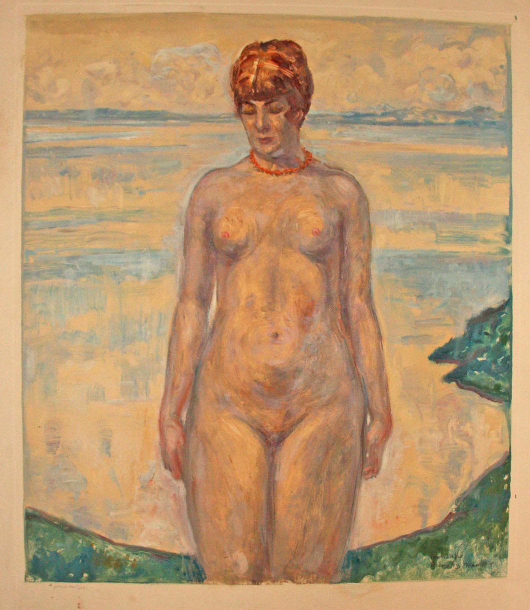 Etude de femme. (Femme avec un collier, dénudée, debout dans un paysage).