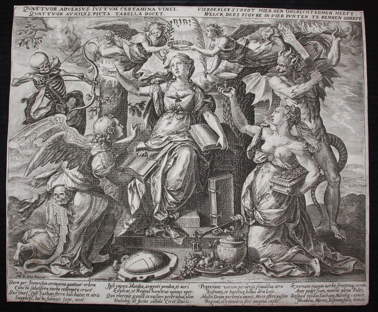 Les quatre ennemis de la justice et des vertus théologiques (L'Espoir, La Charité, La Foi avec un homme pieux qui a renoncé aux richesses du monde, tandis que la mort menace un ava