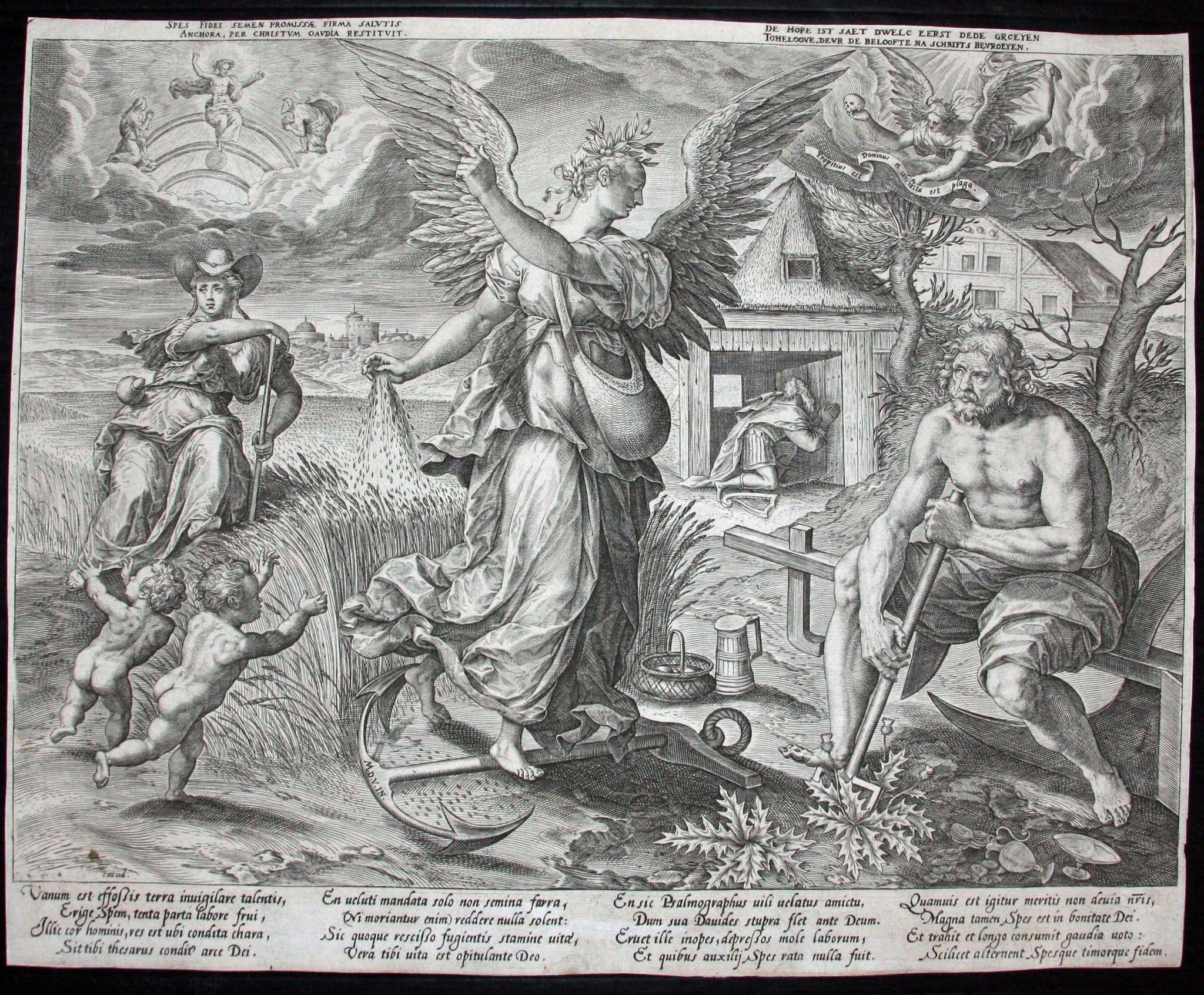 Les quatre ennemis de la justice et des vertus théologiques (L'Espoir, La Charité, La Foi avec un homme pieux qui a renoncé aux richesses du monde, tandis que la mort menace un ava