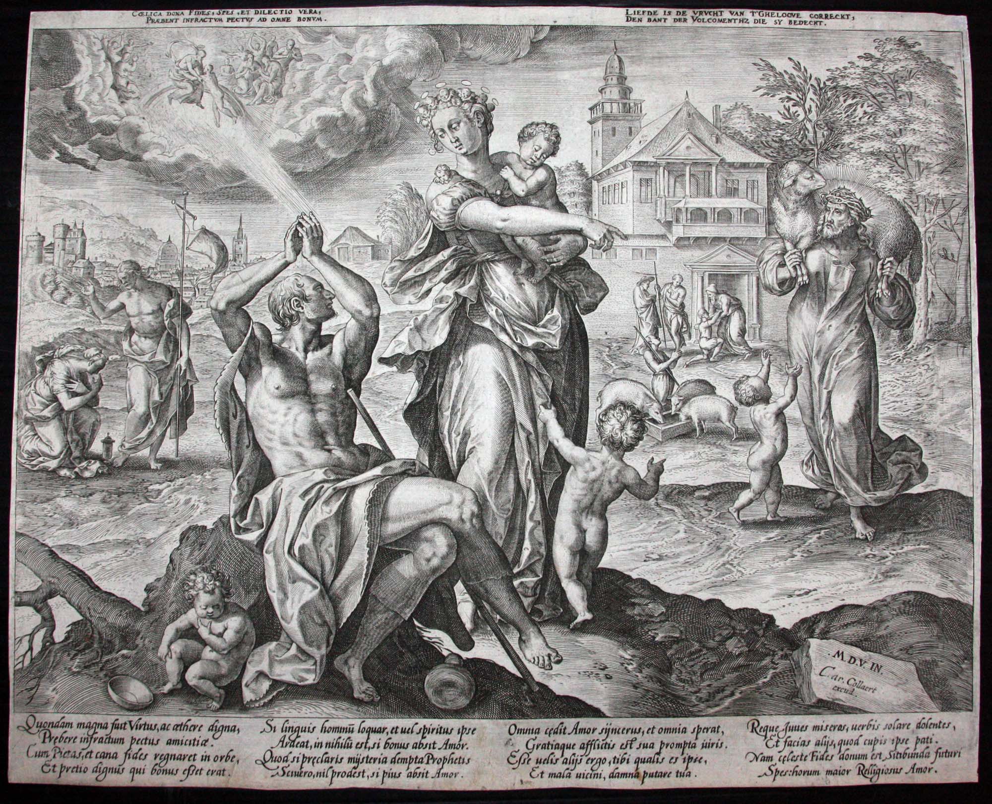 Les quatre ennemis de la justice et des vertus théologiques (L'Espoir, La Charité, La Foi avec un homme pieux qui a renoncé aux richesses du monde, tandis que la mort menace un ava