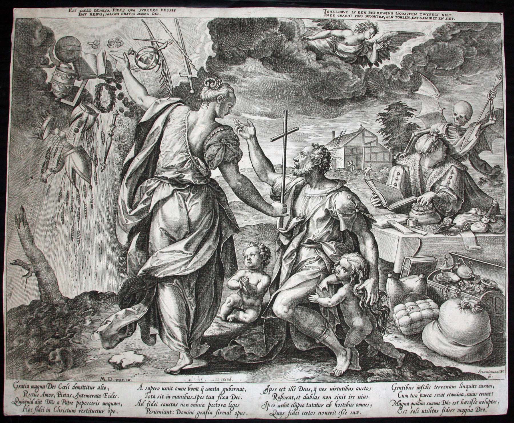 Les quatre ennemis de la justice et des vertus théologiques (L'Espoir, La Charité, La Foi avec un homme pieux qui a renoncé aux richesses du monde, tandis que la mort menace un ava