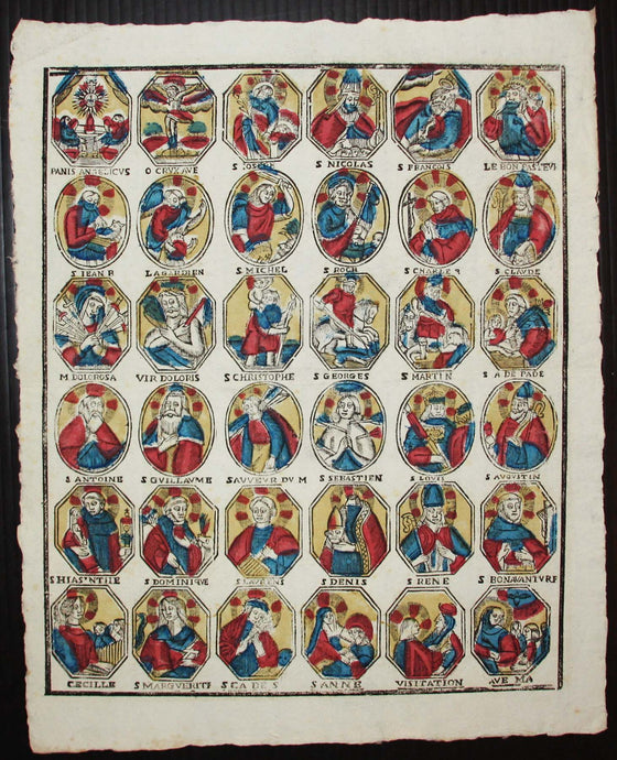 Page de 36 figures de Saints et de Saintes, dans de petits octogones et ovales. 