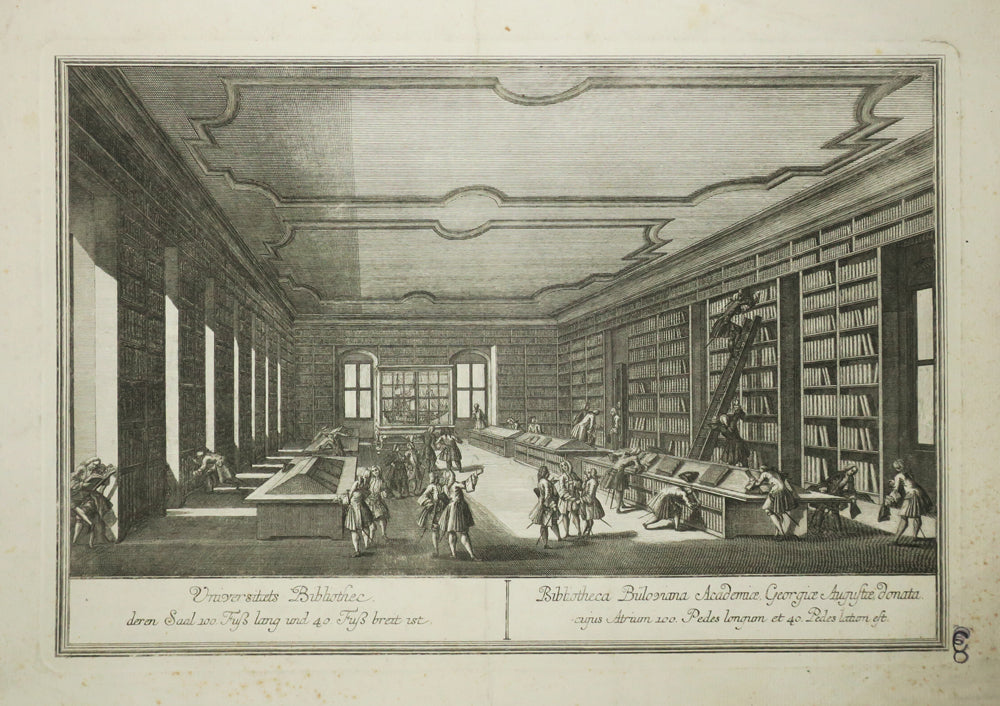 La Bibliothèque de l'Université de Göttinghe, en Allemagne. (Universitaets Bibliothec […] Bibliotheca Büloviana Academiae, Georgiae […])