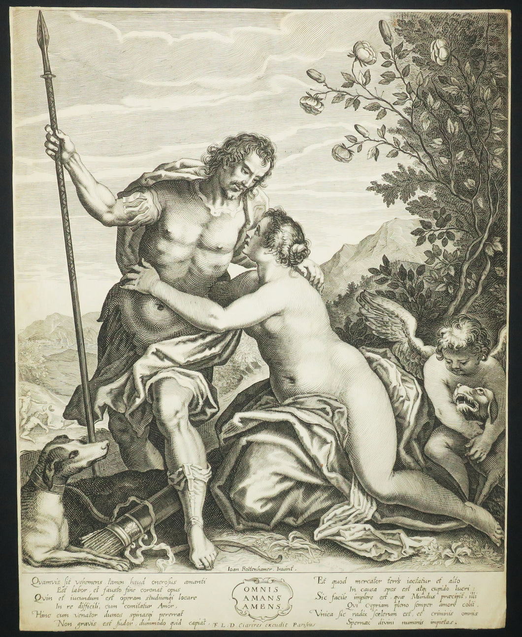 Vénus et Adonis avec Cupidon. Omnis Amans Amens.