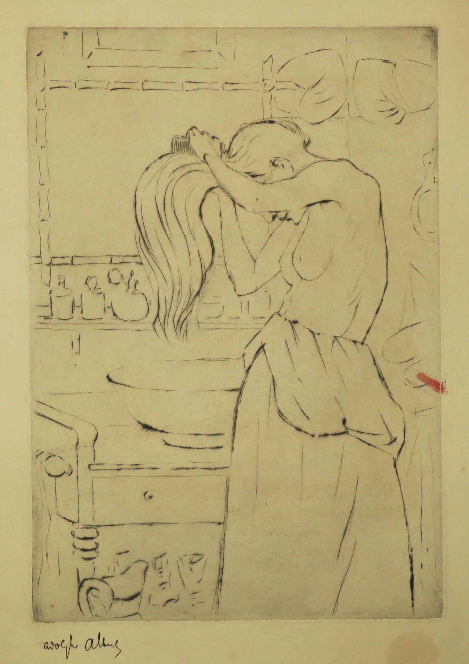 [Jeune femme se coiffant dans sa salle de bain]. 