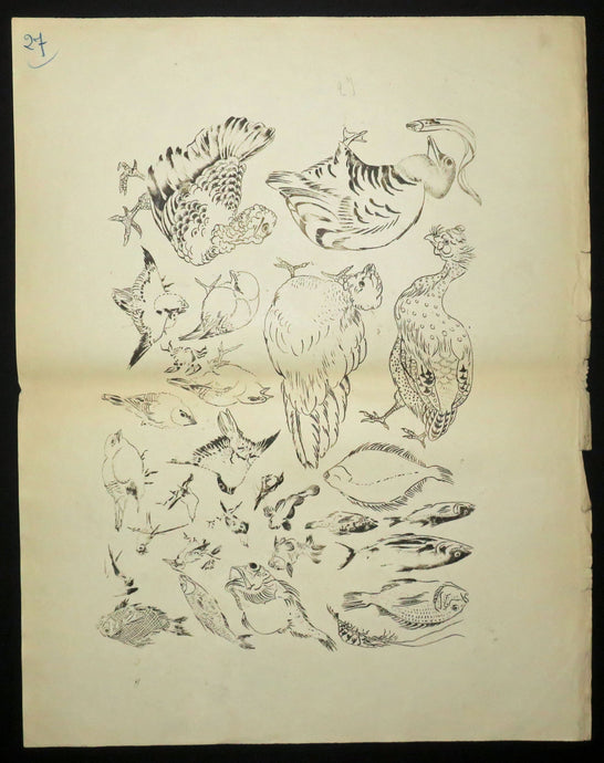 [Canards, poissons, oiseaux, etc]. Motifs pour le décor d’un service de table en faïence de la maison Rousseau.