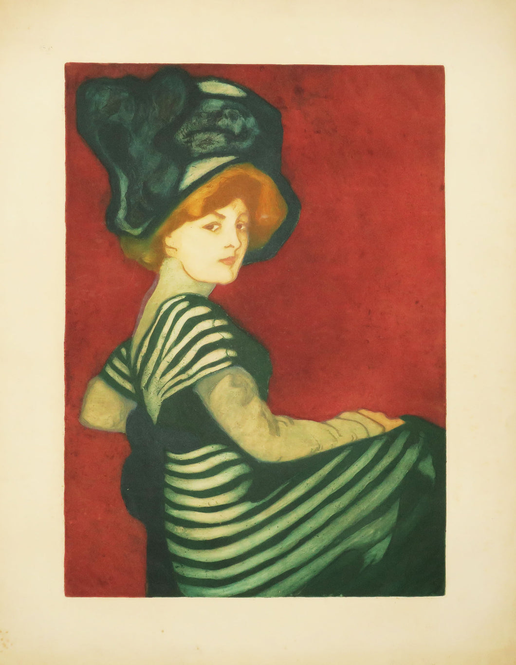 [Portrait de jeune femme au chapeau et robe rayée, assise et de profil].