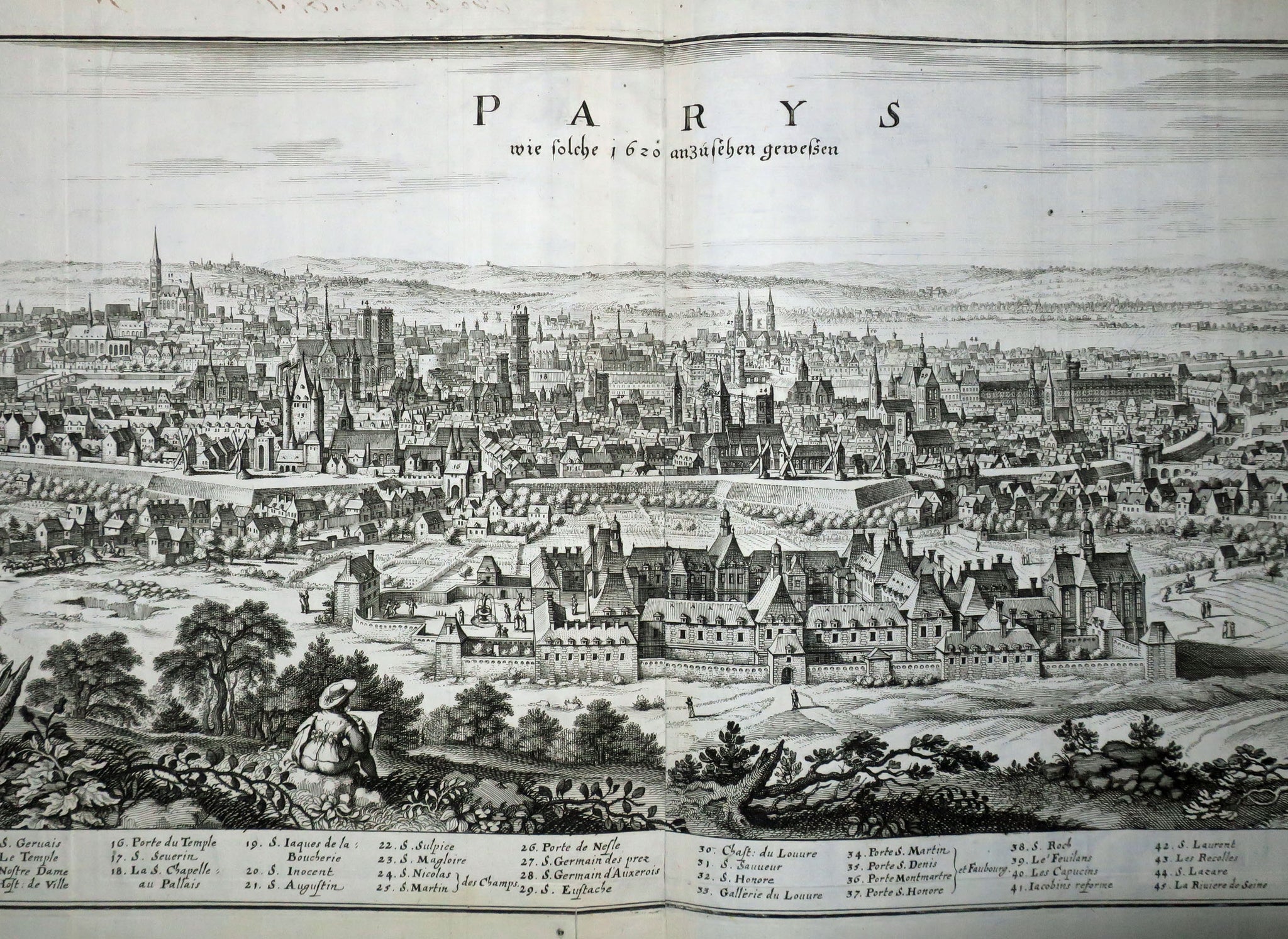 Vue panoramique de Paris en 1620. (Parys wie solche 1620 anzusehen gewessen). 1655-