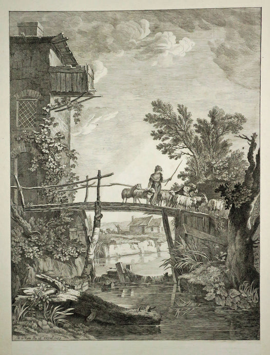 [Paysage en hauteur: Une bergère et son troupeau traversant un pont en bois]. 