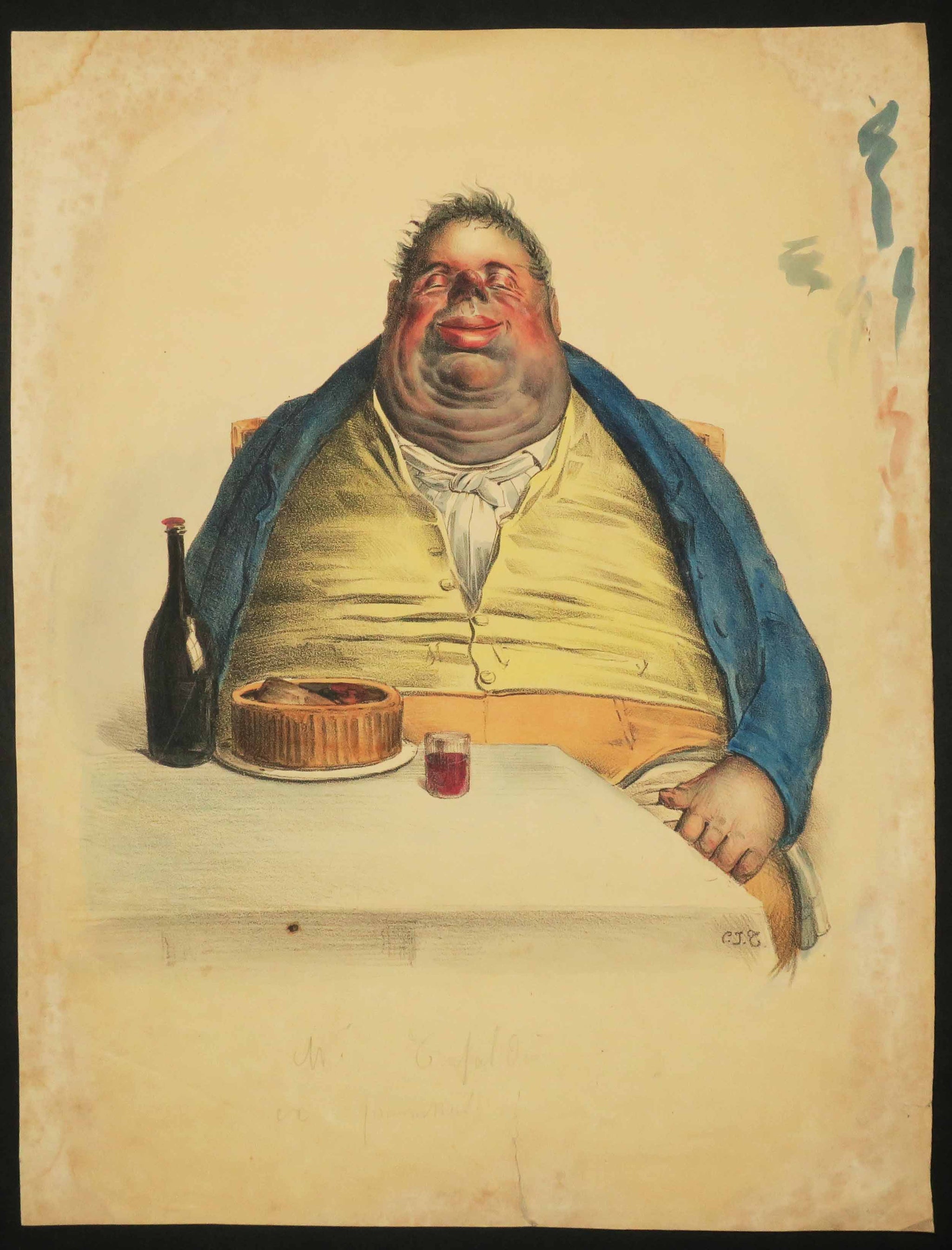 [Gros personnage, assis et somnolant  devant une table]. 