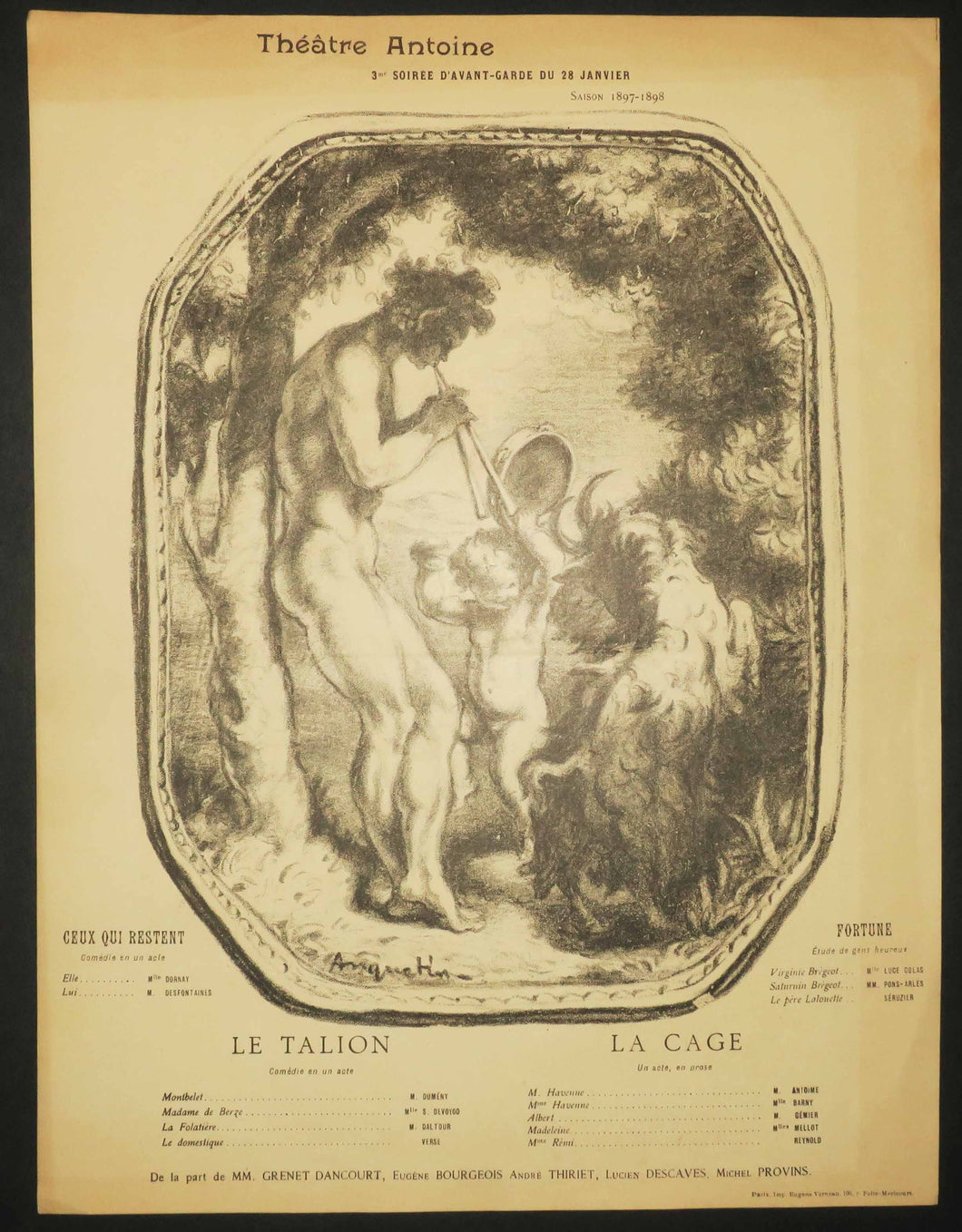Le Talion; La Cage; Ceux qui restent; Fortune. Programme pour le Théâtre Antoine, 3ème Soirée d'avant-garde du 28 janvier, Saison 1897-1898. 