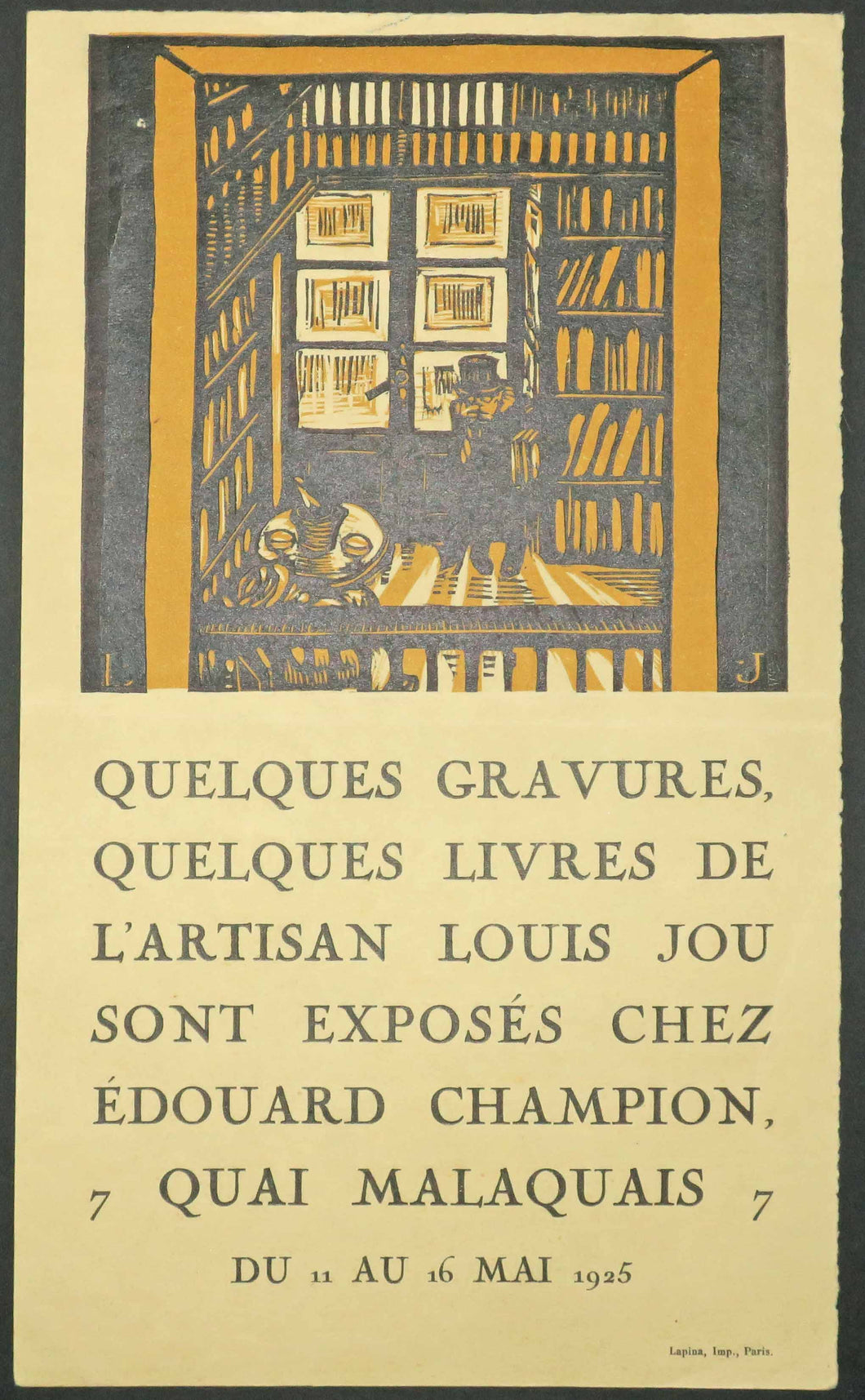 Invitation pour l'Exposition de Louis Jou chez Edouard Champion, 7 Quai Malaquais, du 11 au 16 mai 1925. 