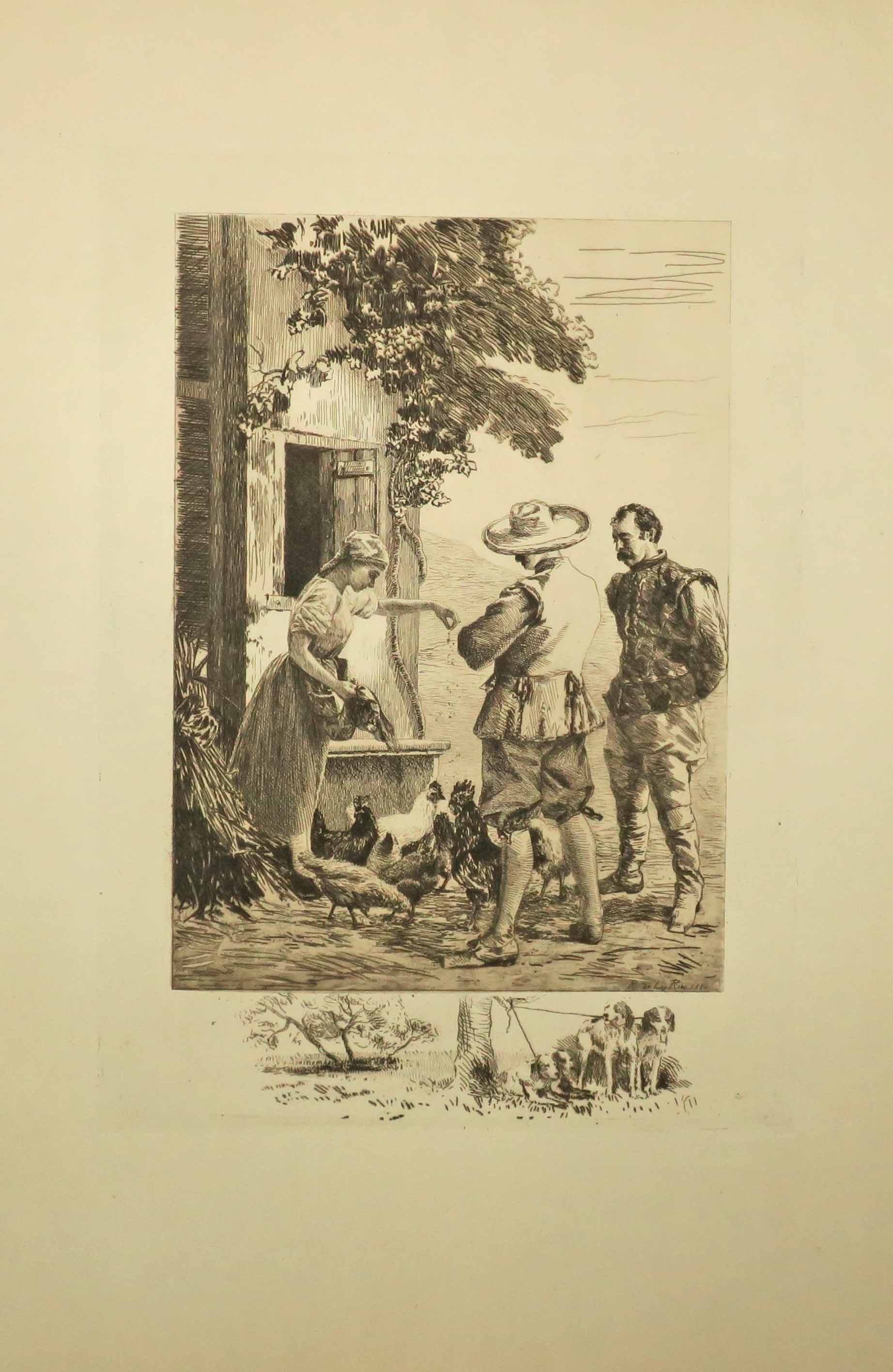 [Fermière nourrissant ses poules devant deux hommes]. 