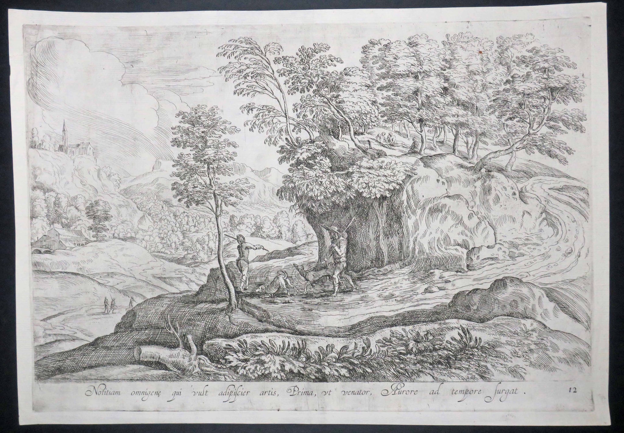 [Paysage avec des chasseurs]. Notitiam omnigene qui vult adipiscier artis, Prima, ut venator, Aurore ad tempore surgat. 