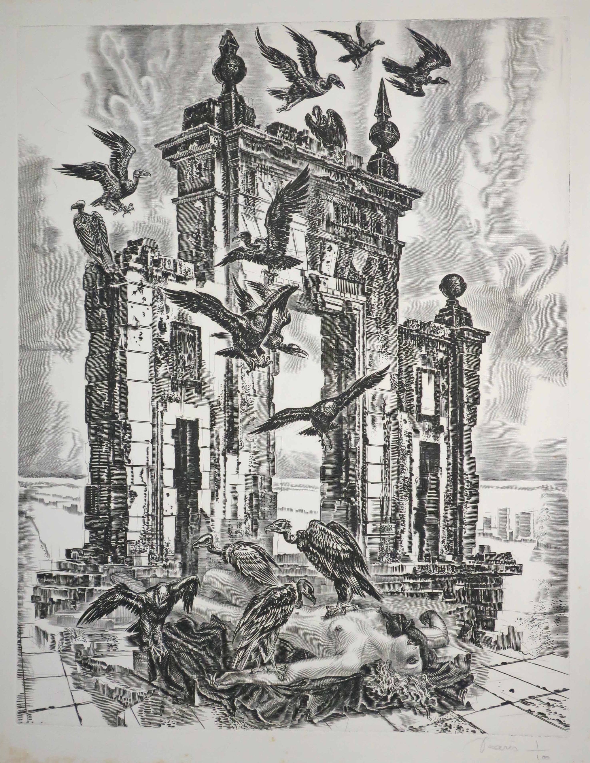 [Femme sans vie au pied d'un arc entouré de vautours]. 