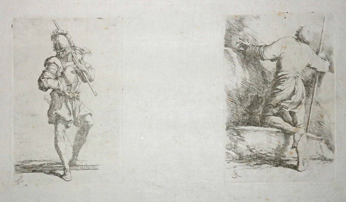 Soldat regardant par terre avec un bâton sur l'épaule & Soldat de dos avec un bâton. 1656-
