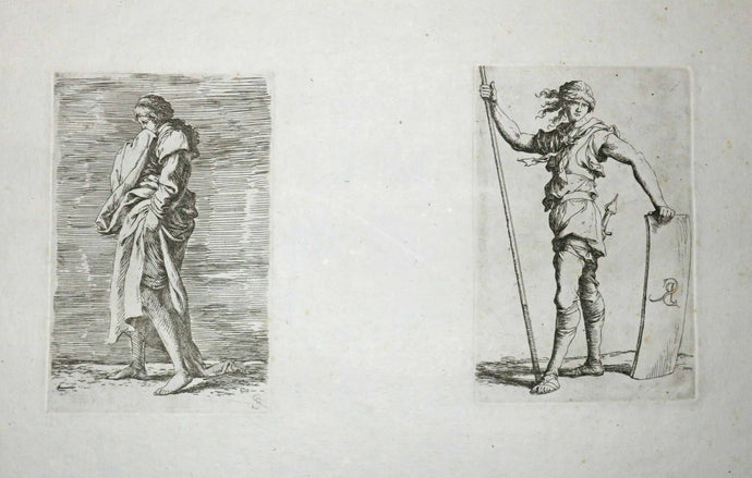 Jeune fille avec les cheveux attachés & Soldat en pied avec un bâton et un bouclier.