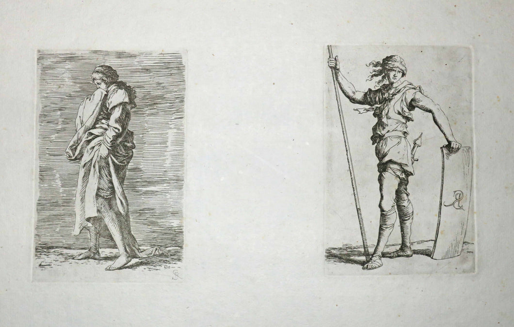 Jeune fille avec les cheveux attachés & Soldat en pied avec un bâton et un bouclier.