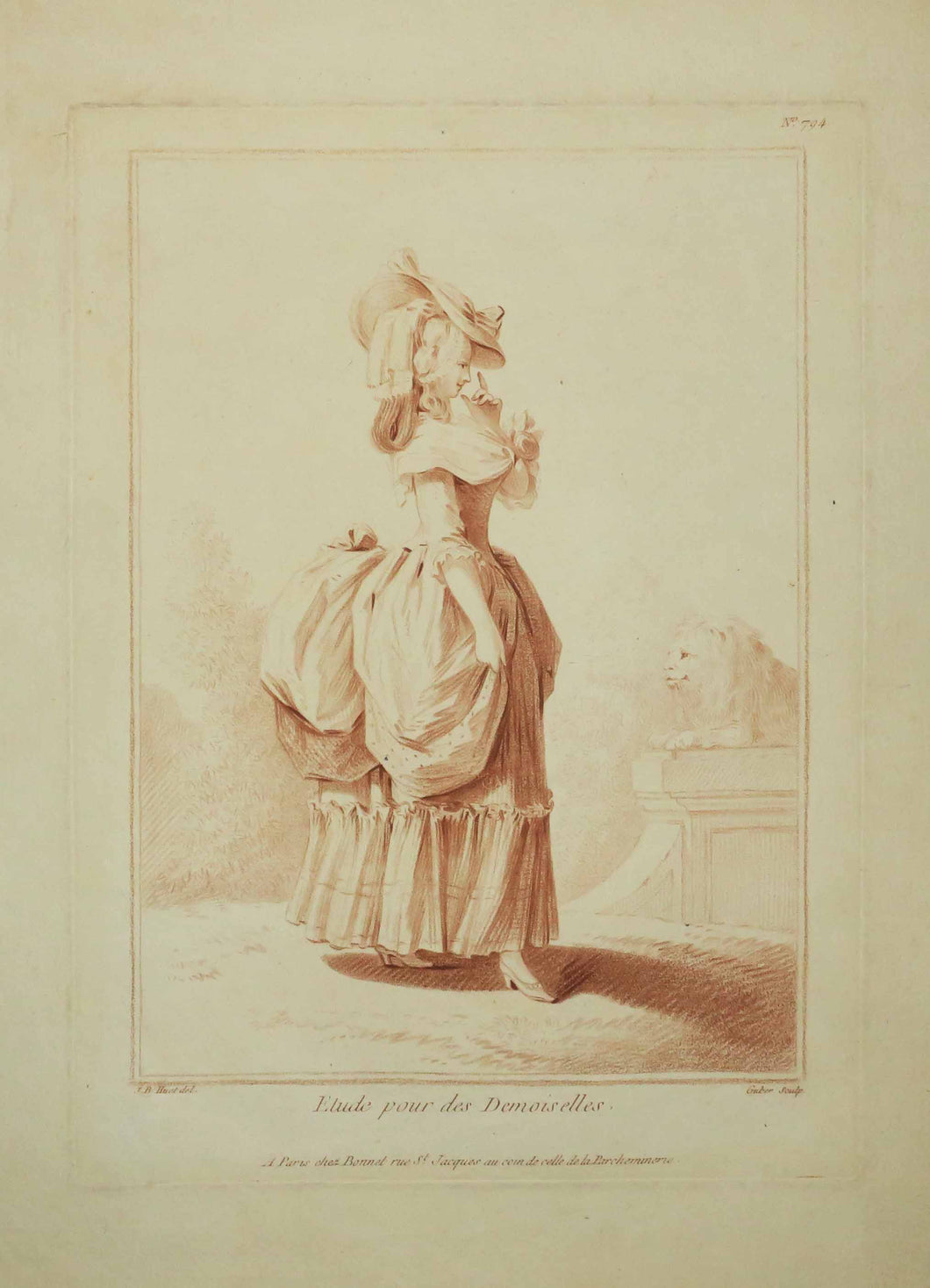 Etude pour les Demoiselles: Jeune fille, en pied, debout, grand chapeau et robe à paniers, et à droite un lion sculpté. 