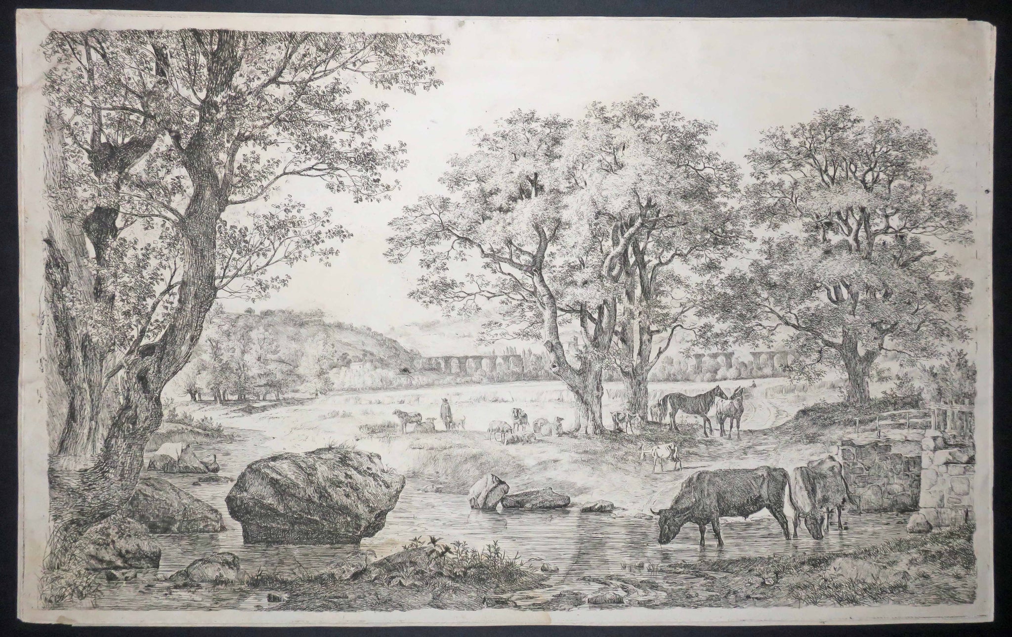 [Paysage, Troupeau et son berger, au loin un pont]. 