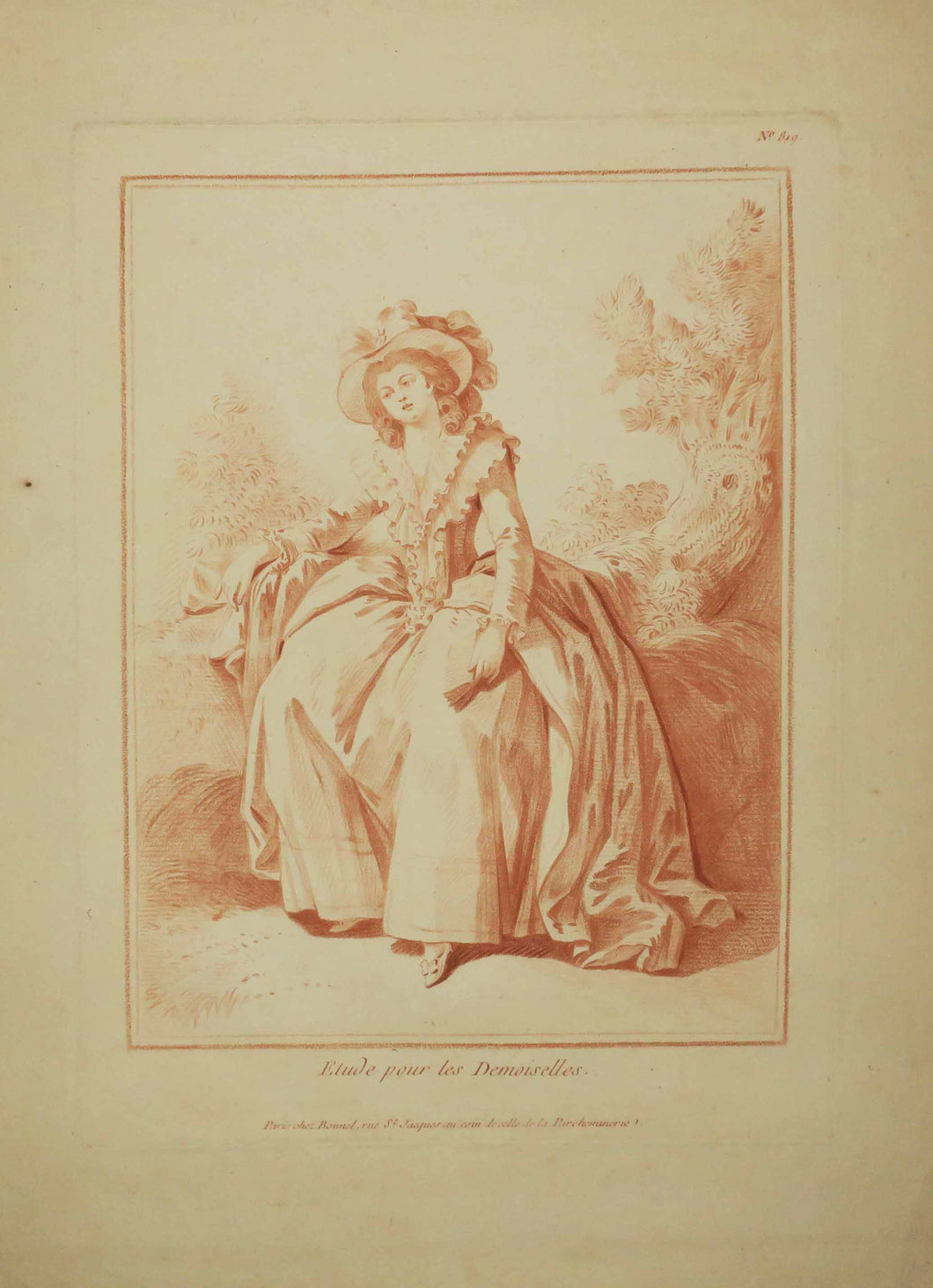 Etude pour les Demoiselles: Jeune fille, debout, de face, chapeau et robe à paniers, un livre à la main. 