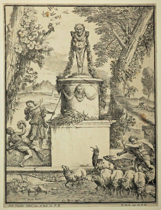 [Paysage, Berger et son troupeau devant une colonne surmontée d'un satyre]. 