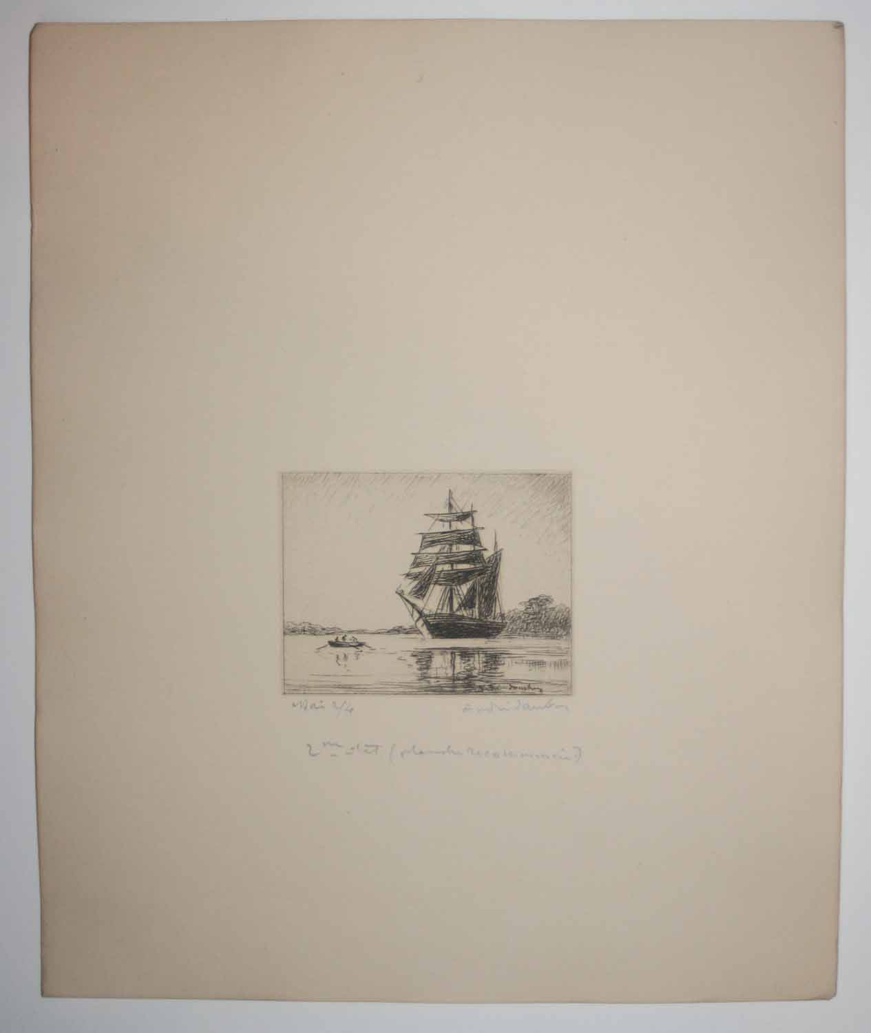 [Trois personnages dans une barque rejoignant un bateau].