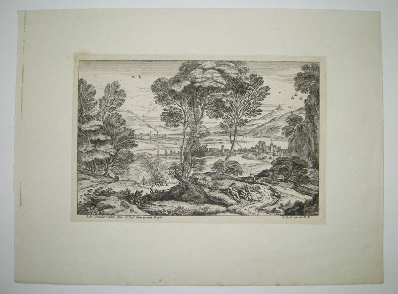 [Paysage: Une homme et une femme assis et parlant au bord du chemin et au loin un village]. 