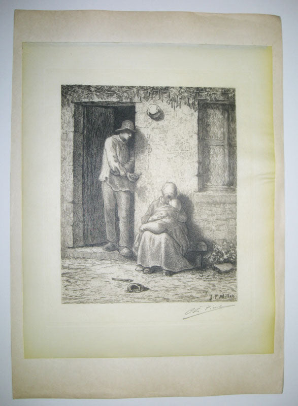 [Jeune mère, assise sur un banc,  son enfant dans les bras et le mari sur la pas de la porte].