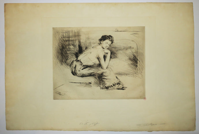 Au coin du feu (Femme assise, bras nus près d'une cheminée). 