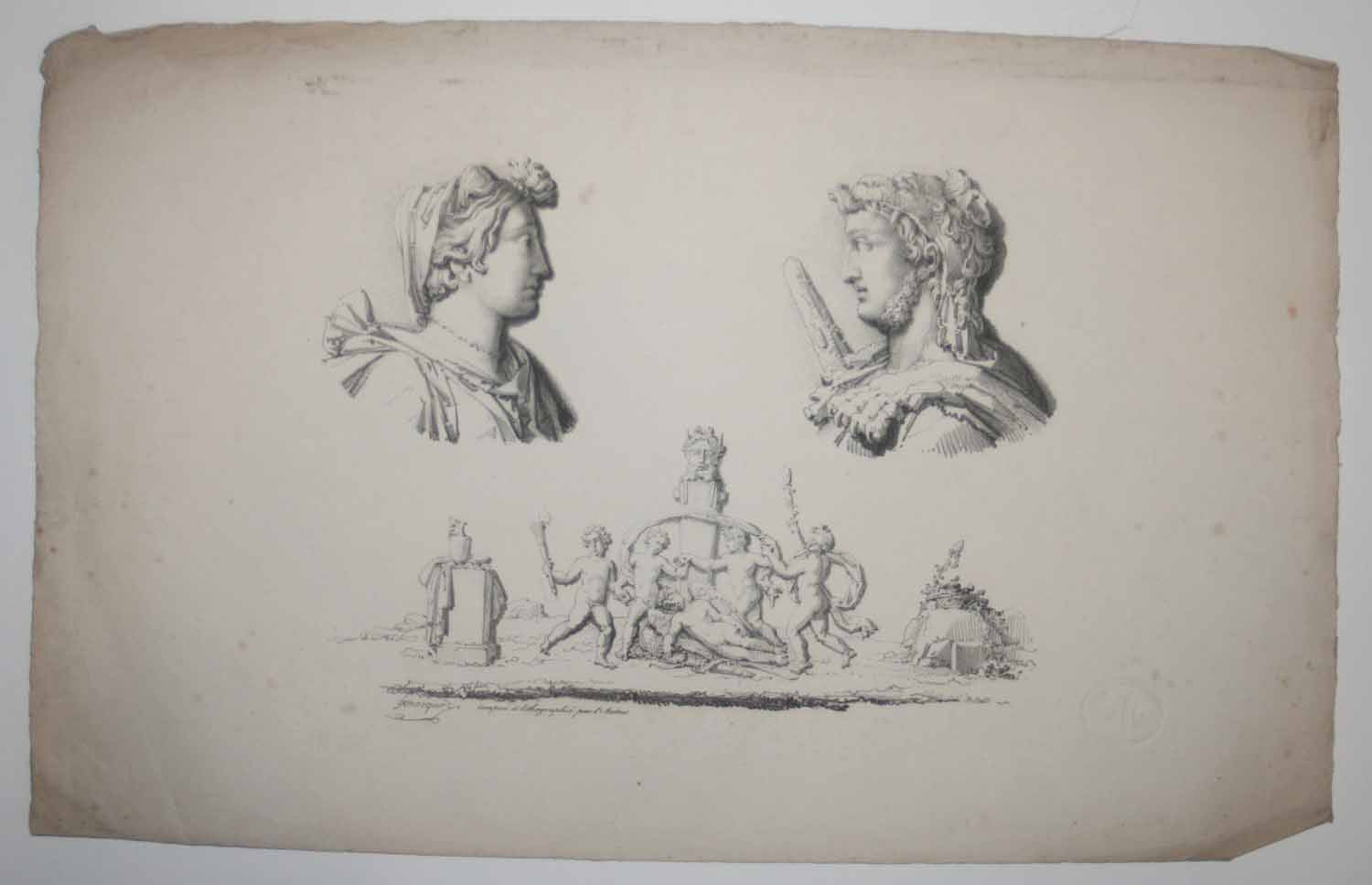 [Composition: deux profils & quatre enfants dansant autour d'un ange endormi].