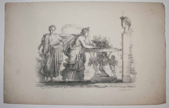 [Scène antique, deux personnages dont un déposant un panier de fleurs devant une statue]. 
