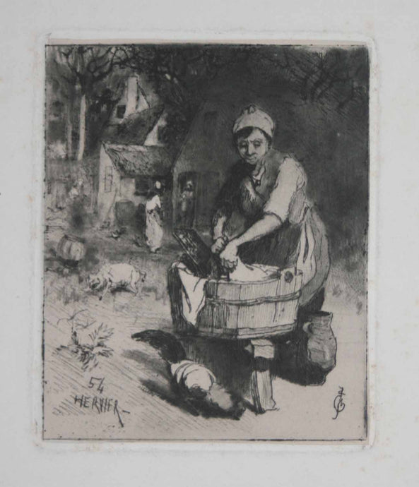 Femme lavant dans un baquet.