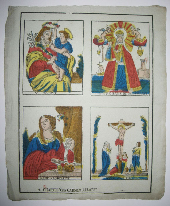 Feuille de quatre sujets: St Joseph, N.D de la Délivrance, Ste Marie-Madeleine & Jésus crucifié. 