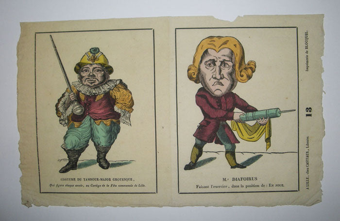 Deux sujets: Costume du Tambour-Major grotesque, qui figure chaque année au Cortège de la Fête communale de Lille & Mr Diafoirus faisant l'exercice dans la position de : En joue. 