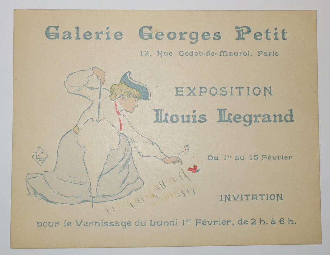 Invitation pour l'Exposition Louis Legrand, du 1er au 15 février, à la Galerie Georges Petit, 12 rue Godot-de-Mauroi, Paris. Vernissage le lundi 1er février, de 2h à 6h. 