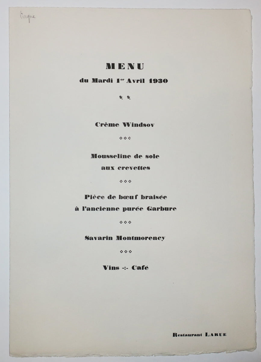 Menu pour la Société des Amis des livres, au Restaurant Larue, le Mardi 1er avril