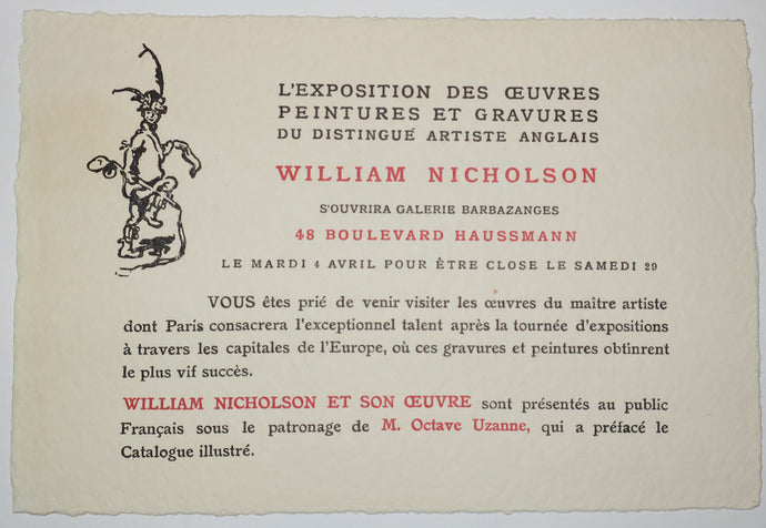 Invitation pour l'Exposition des œuvres, peintures et Gravures, du distingué artiste anglais William Nicholson