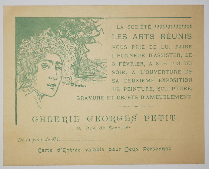 Carton d'invitation de la Société Les Arts réunis à l'ouverture de sa deuxième Exposition de peinture, sculpture, gravure et objets d'ameublement, à la Galerie Georges Petit, 8 rue de Sèze. 