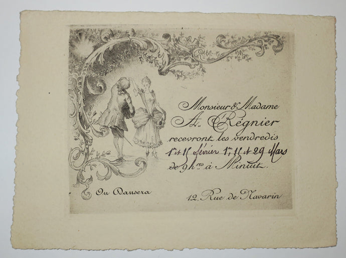 Monsieur et Madame A. Régnier recevront les Vendredis … de 9h à Minuit, 12 rue de Navarin. 