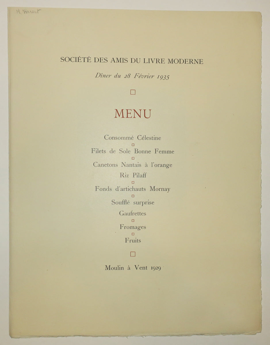 Menu pour la Société des Amis du Livre Moderne, Dîner du 28 février