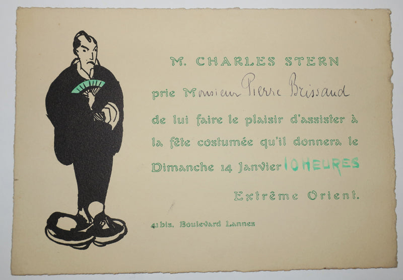 M. Charles Stern prie Monsieur Pierre Brissaud de lui faire le plaisir d'assister à la fête costumée qu'il donnera le Dimanche 14 Janvier 10 heures. Extrême Orinet, 41 bis Boulevard Lannes. 