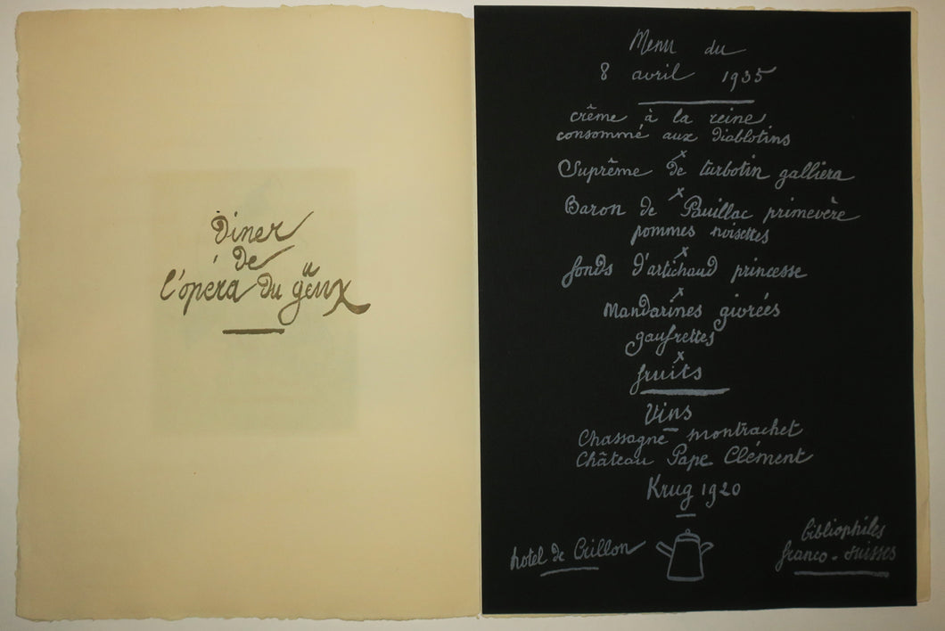 Menu pour les Bibliophiles franco-suisses, à l'Hôtel de Crillon, le 8 avril