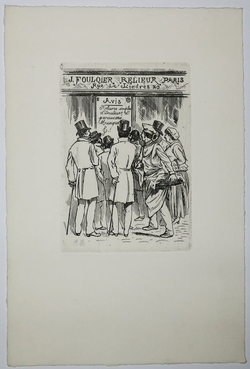 Carte adresse pour le Relieur J. Foulquier, Rue de Londres, 29, à Paris.