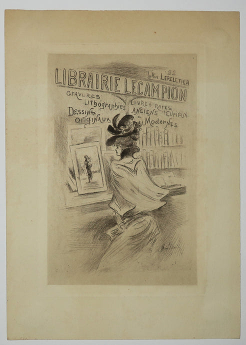 Carte adresse pour la Librairie Lecampion, Gravures, Lithographies, Dessins originaux… Rue Le Peletier, 22, à Paris. (Jeune élégante regardant une affiche dans la librairie). 